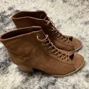 Peep Toe Booties Lace Up Ankle Boots‎ Perforated Suede Style